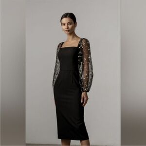 Lichi NWT Black Midi Dress with Mesh Embroidered Balloon Sleeves sz XS